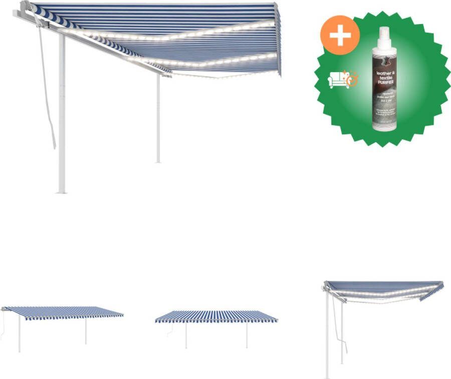 VidaXL Luifel automatisch met LED en windsensor 6x3 5 m blauw en wit Vensterzonwering Inclusief Reiniger