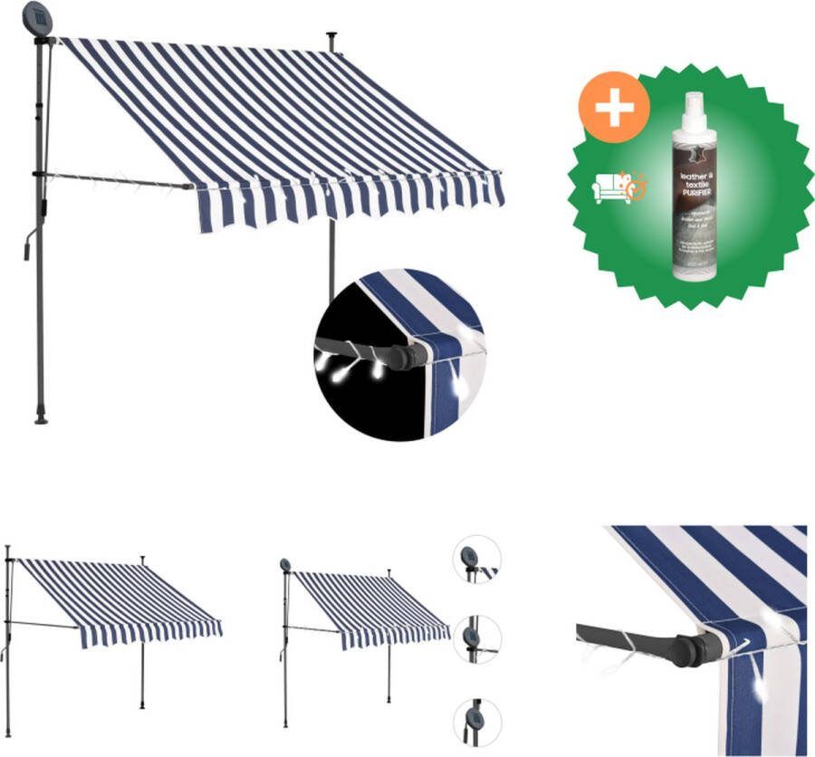 VidaXL Luifel handmatig uittrekbaar met LED 150 cm blauw en wit Vensterzonwering Inclusief Reiniger