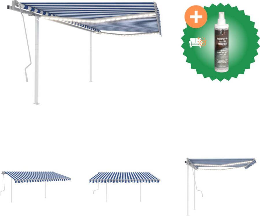 VidaXL Luifel handmatig uittrekbaar met LED 4x3 5 m blauw en wit Vensterzonwering Inclusief Reiniger