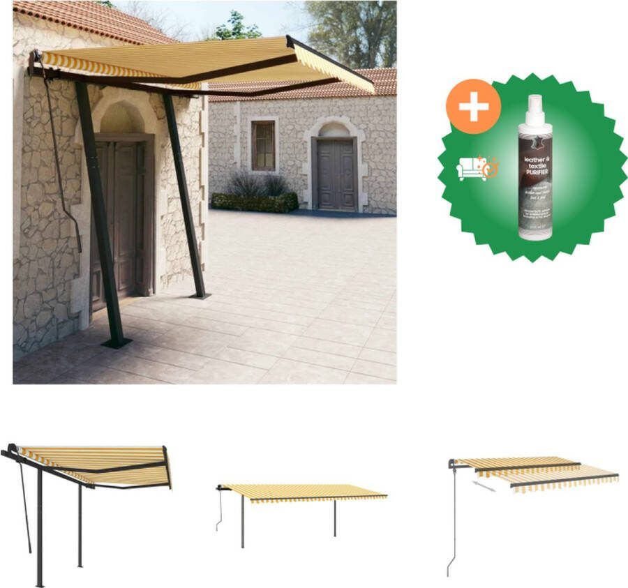 VidaXL Luifel handmatig uittrekbaar met palen 3 5x2 5 m geel en wit Vensterzonwering Inclusief Reiniger