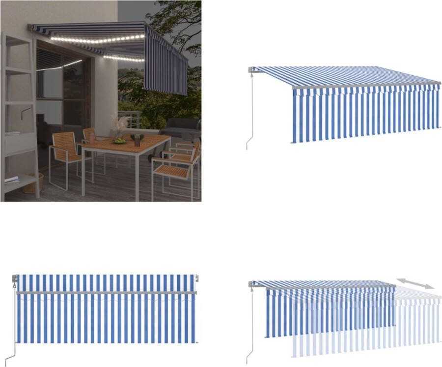 VidaXL Luifel met rolgordijn- LED en windsensor 4-5x3 m blauw en wit Uitschuifbare Luifel Uitschuifbare Luifels Uittrekbare Luifel Uittrekbare Luifels