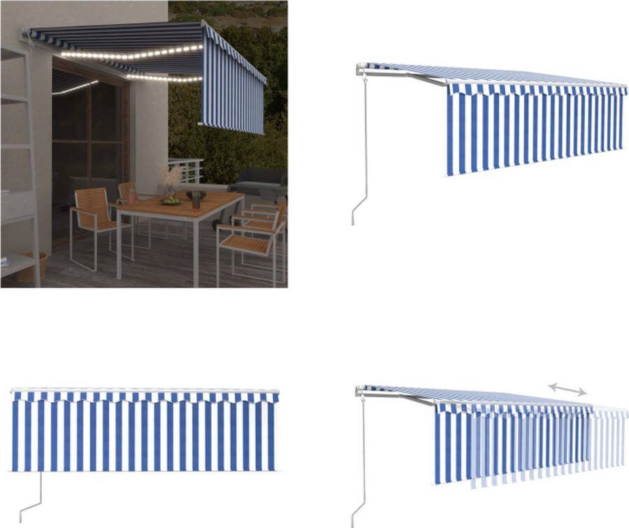 VidaXL Luifel met rolgordijn- LED en windsensor 4-5x3 m blauw en wit Uitschuifbare Luifel Uitschuifbare Luifels Uittrekbare Luifel Uittrekbare Luifels