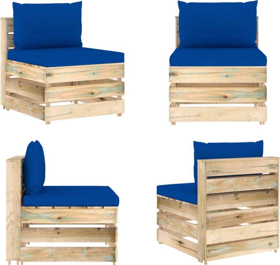 VidaXL Middenbank sectioneel met kussens groen geïmpregneerd hout Palletbank Palletbanken Palletmiddenbank Palletmiddenbanken