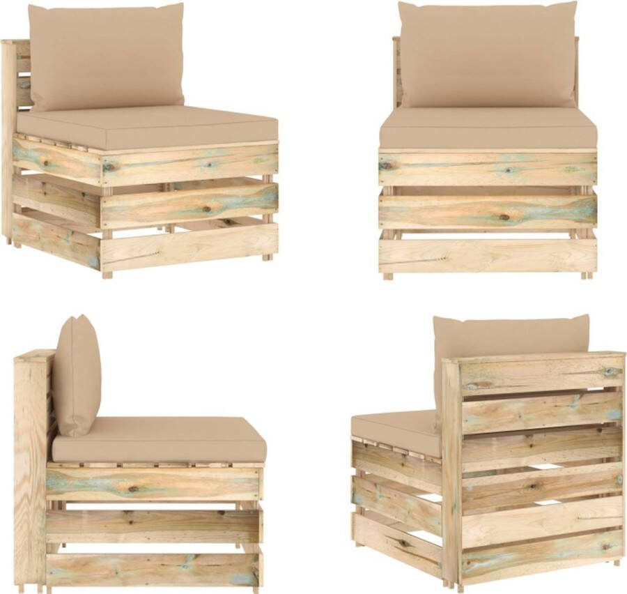 VidaXL Middenbank sectioneel met kussens groen geïmpregneerd hout Palletbank Palletbanken Palletmiddenbank Palletmiddenbanken