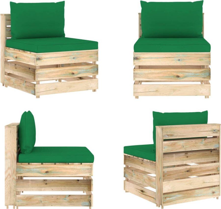 VidaXL Middenbank sectioneel met kussens groen geïmpregneerd hout Palletbank Palletbanken Palletmiddenbank Palletmiddenbanken