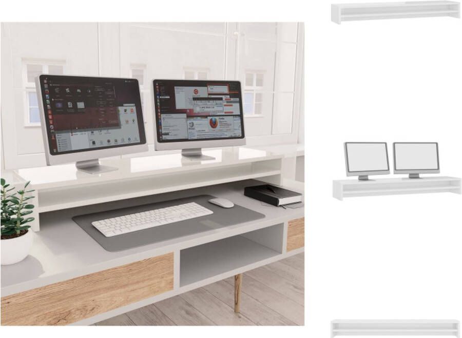 VidaXL monitorstandaard Verhoogt tot perfecte hoogte Geschikt voor 2 schermen Hoogglans wit 100 x 24 x 13 cm Bewerkt hout Wandsteun