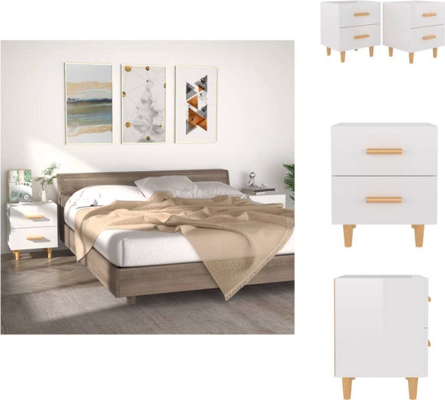 VidaXL Nachtkastje Scandinavische Stijl 40 x 35 x 47.5 cm Hoogglans wit Houten lades en poten Set van 2 Kast