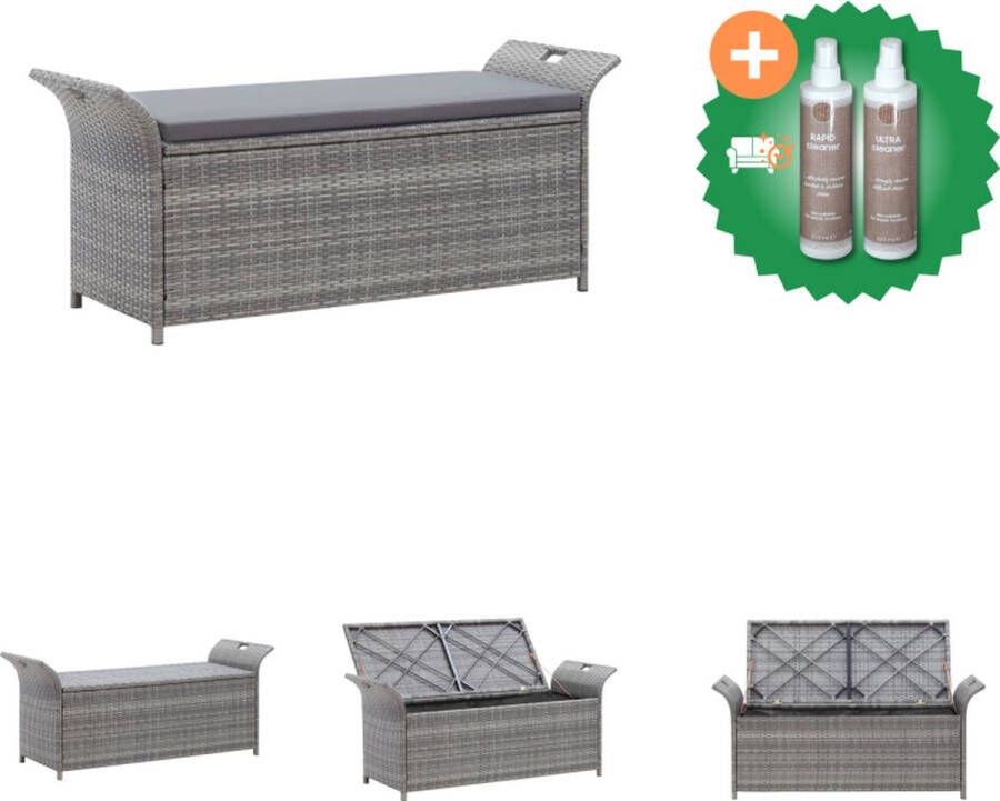 VidaXL opbergbank tuin 138x50x60 cm poly rattan grijs donkergrijs kussen Tuinbank Inclusief Onderhoudsset