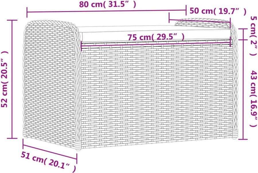 VidaXL Opbergbankje met kussen 80x51x52 cm poly rattan zwart