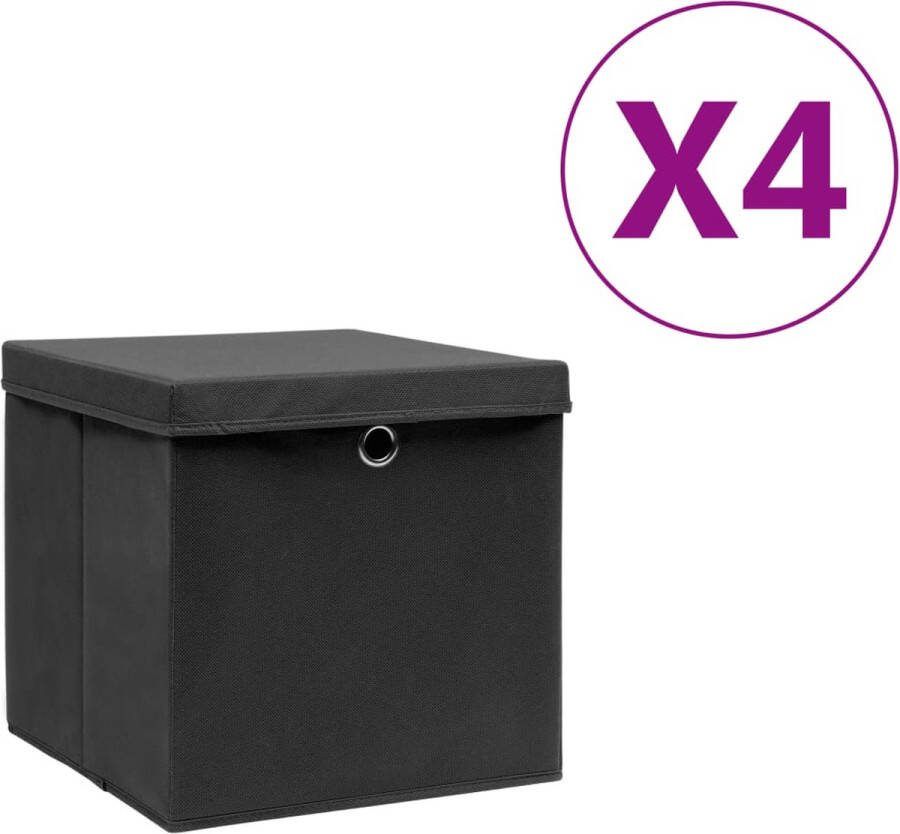 VidaXL -Opbergboxen-met-deksel-4-st-28x28x28-cm-zwart