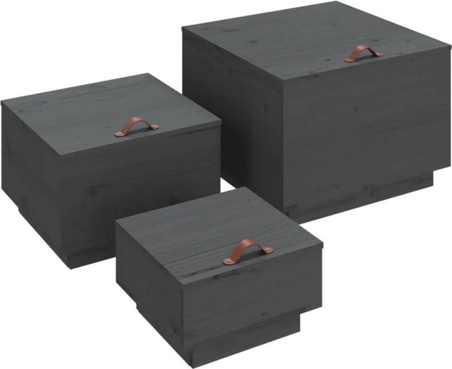 VidaXL -Opbergboxen-met-deksels-3-st-massief-grenenhout-grijs
