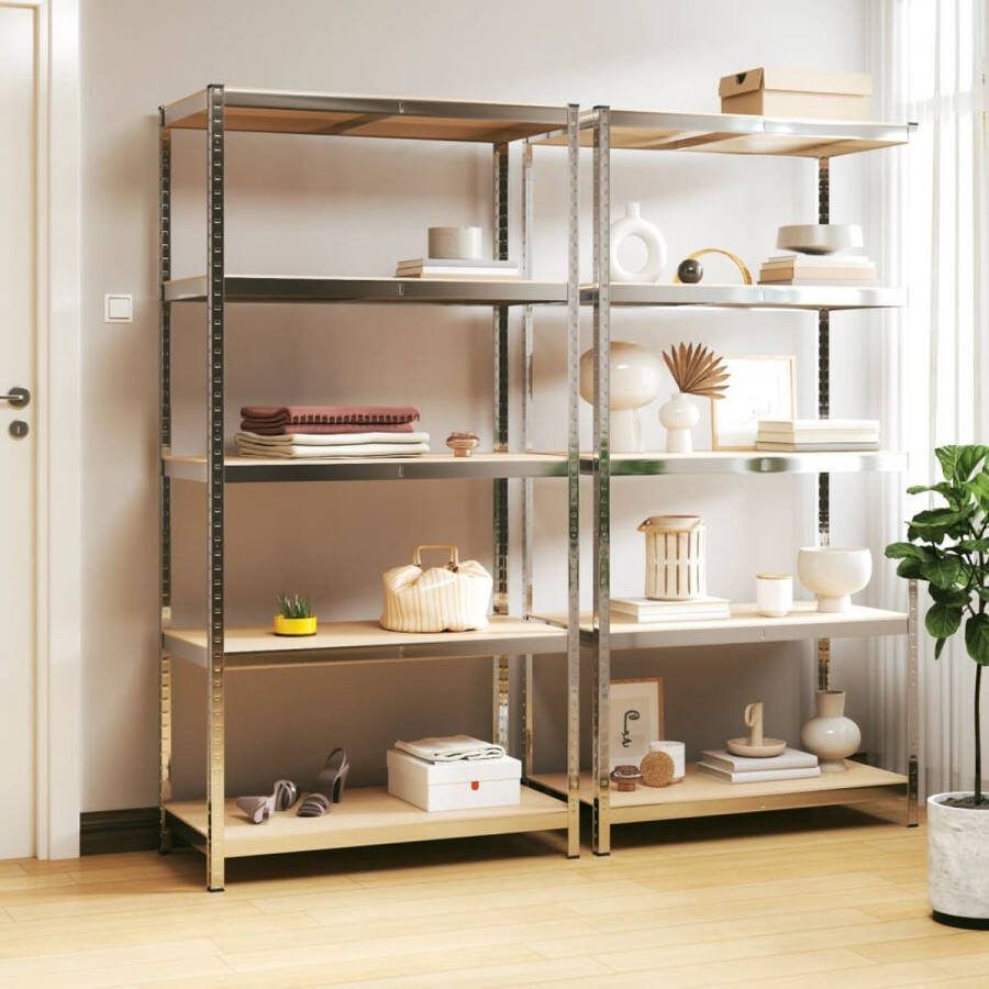 VidaXL -Opbergrek-5-laags-2-st-staal-en-bewerkt-hout-zilverkleurig