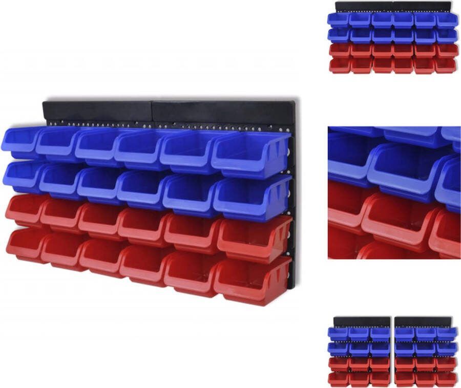 VidaXL Opbergrek Gereedschapsorganizer Kunststof 12 rode 12 blauwe opbergbakken 2 zwarte paneelrekken Afmetingen- blauwe bak 17 x 10 x 7.5 cm rode bak 11 x 10 x 7 cm montageplaat 38 x 32 cm Gereedschapskar