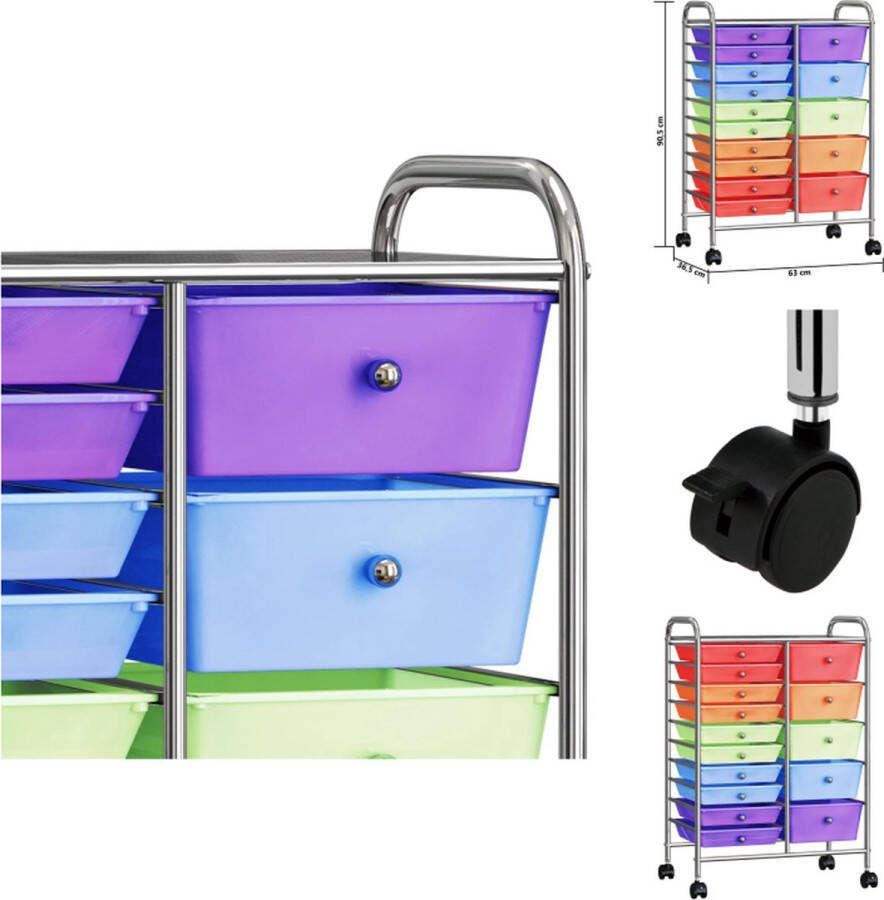 VidaXL Opbergtrolley Meerkleurig Kunststof Chroom 63x36.5x90.5cm Inclusief 15 manden Steekwagen