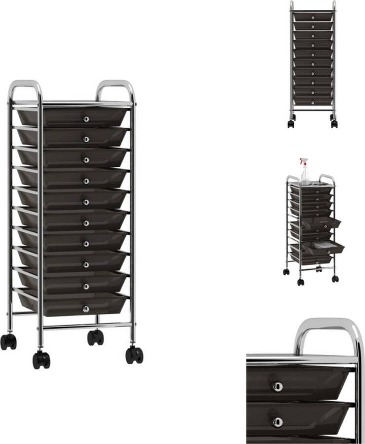 VidaXL Opbergtrolley Zwarte Kunststof en Chroom 32x36.5x90 cm 10 Lades Steekwagen