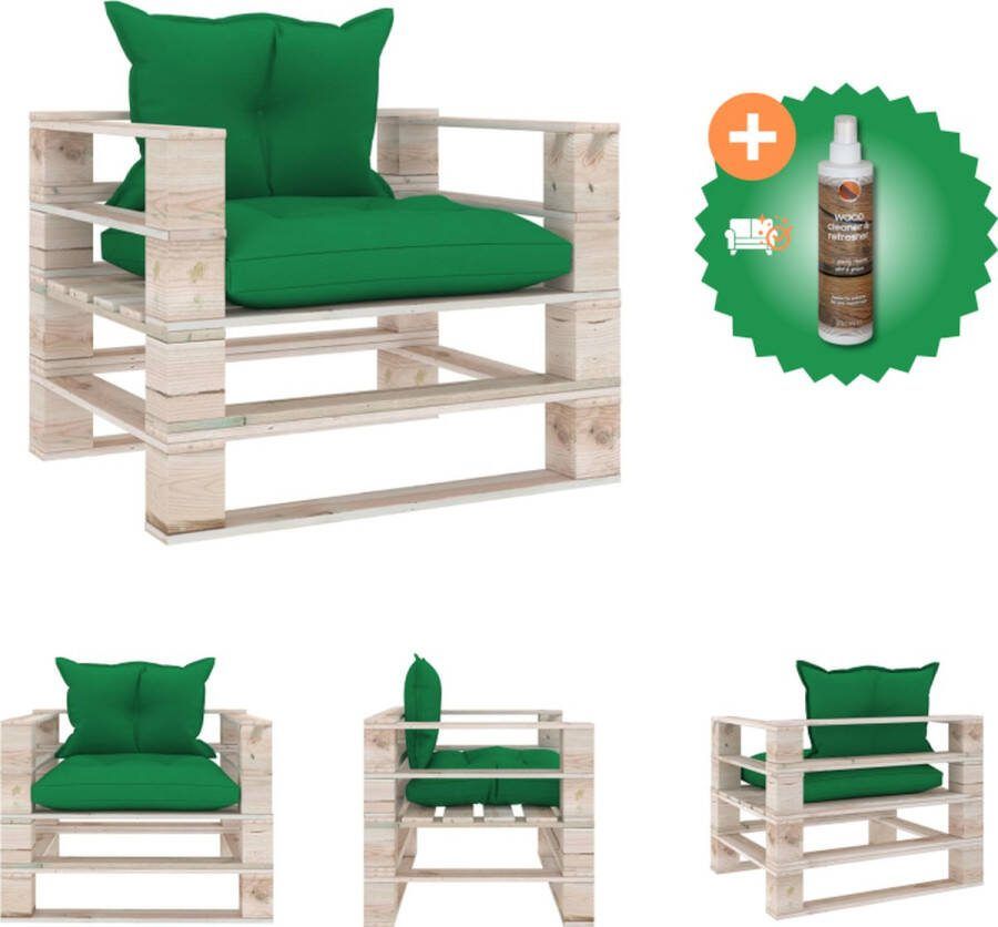 VidaXL Pallet Armstoel Tuin 80 x 67.5 x 62 cm Grenenhout Groen kussen Loungebank Inclusief Houtreiniger en verfrisser