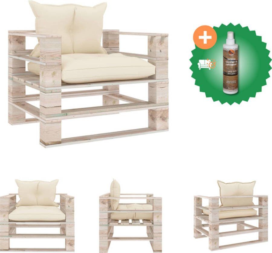 VidaXL Pallet Armstoel Tuin 80 x 67.5 x 62 cm Massief grenenhout Crème kussen Loungebank Inclusief Houtreiniger en verfrisser
