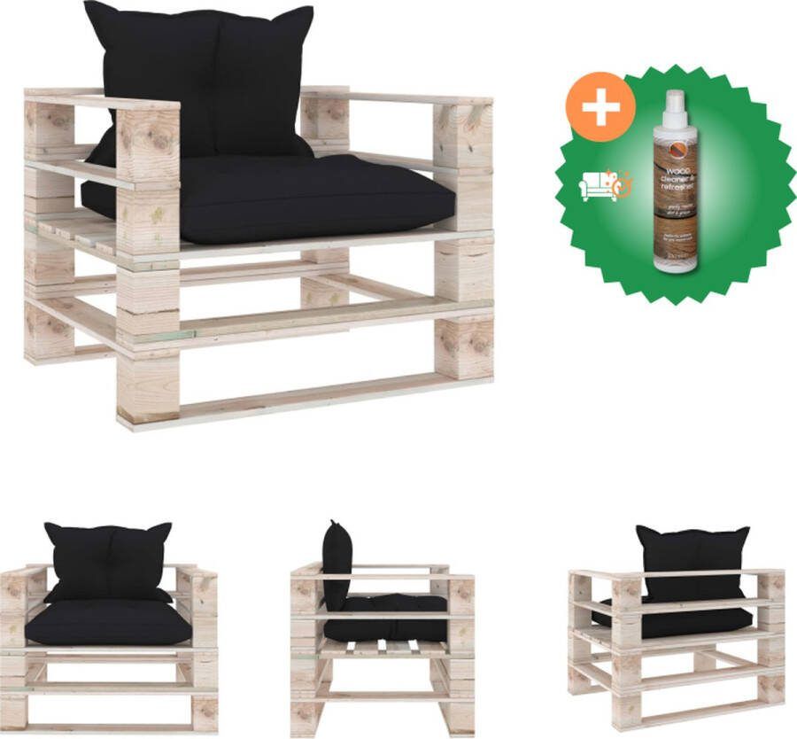 VidaXL Pallet Armstoel Tuinbank 80x67.5x62 cm Grenenhout Zwart Kussen Loungebank Inclusief Houtreiniger en verfrisser