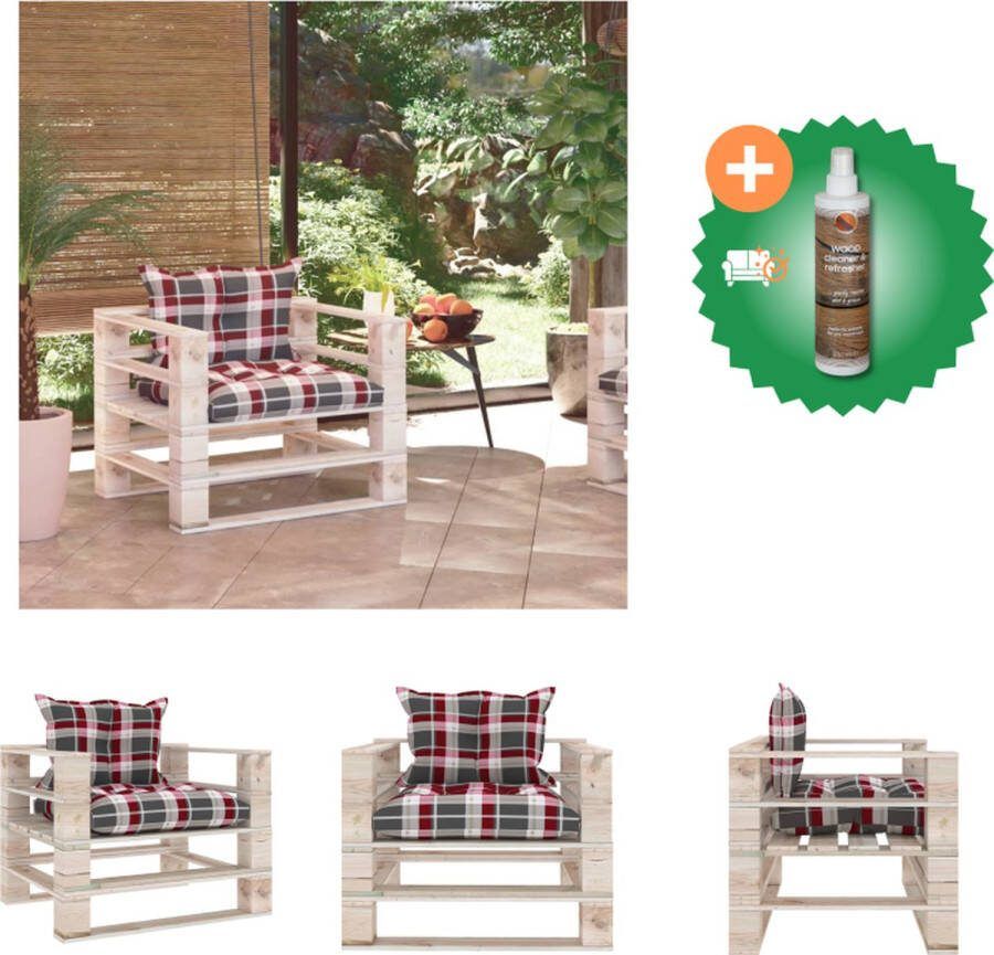 VidaXL Pallet Armstoel Tuinmeubels 80 x 67.5 x 62 cm Rood Ruitpatroon Loungebank Inclusief Houtreiniger en verfrisser