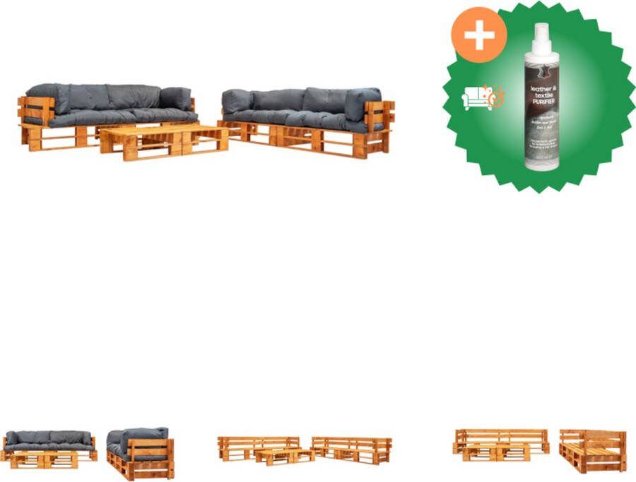 VidaXL Pallet Bankenset 220 x 66 x 65 cm Grijs Kussen Honingbruin Grenenhout 4 x Tweezitsbank 2 x Salontafel Polyester- 100% Tuinset Inclusief Reiniger