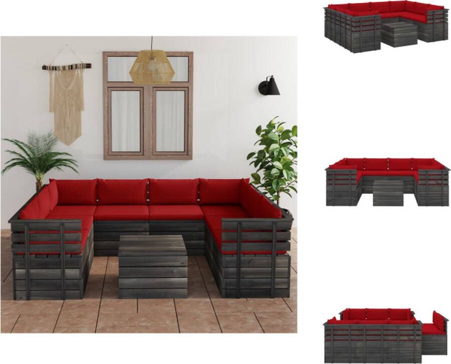 VidaXL Pallet Lounge Tuinset 4x middenbank + 4x hoekbank + 1x tafel Rood Kussen Massief Grenenhout Tuinset
