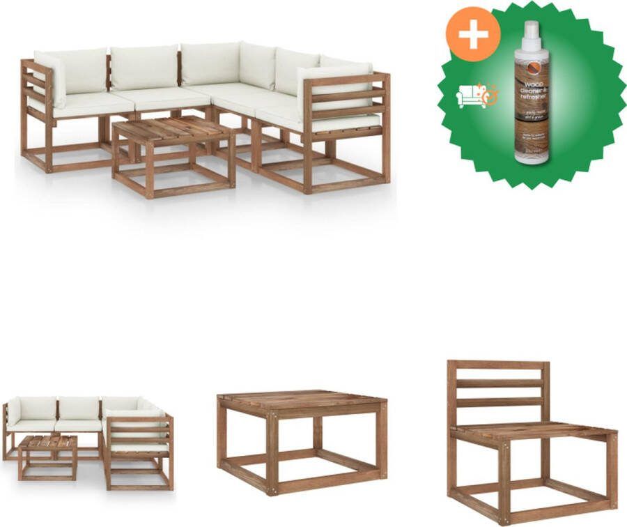 VidaXL Pallet Loungebank Set Grenenhout 60x60x36.5cm Crème kussens Tuinset Inclusief Houtreiniger en verfrisser