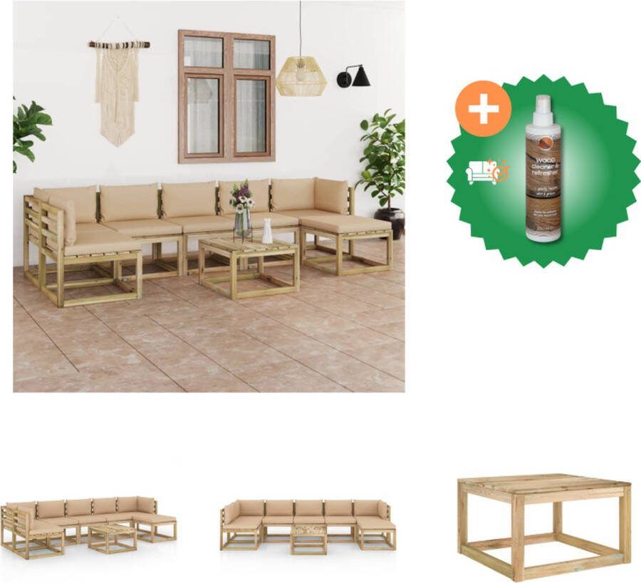 VidaXL Pallet loungeset Beige kussens Grenenhout 2 hoekbanken 4 middenbanken 2 tafels 7 zitkussens 8 rug zijkussens Tuinset Inclusief Houtreiniger en verfrisser