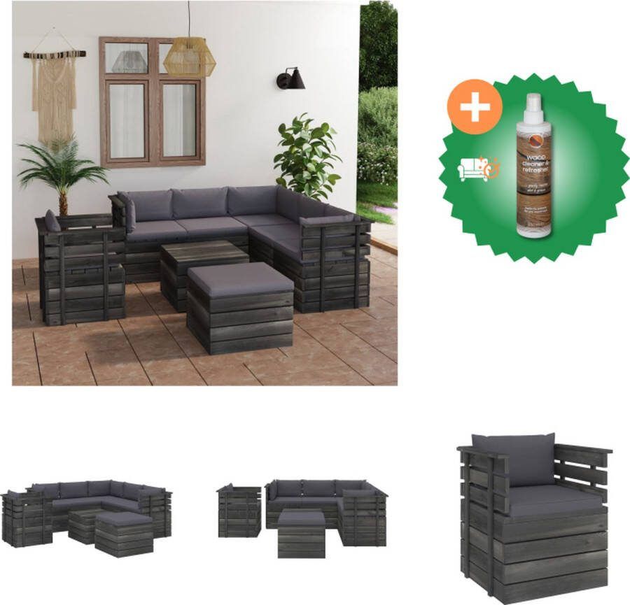 VidaXL Pallet Loungeset Grenenhout Antraciet Zitkussens en Rug Zijkussens 150 x 65 x 71.5 cm Tuinset Inclusief Houtreiniger en verfrisser