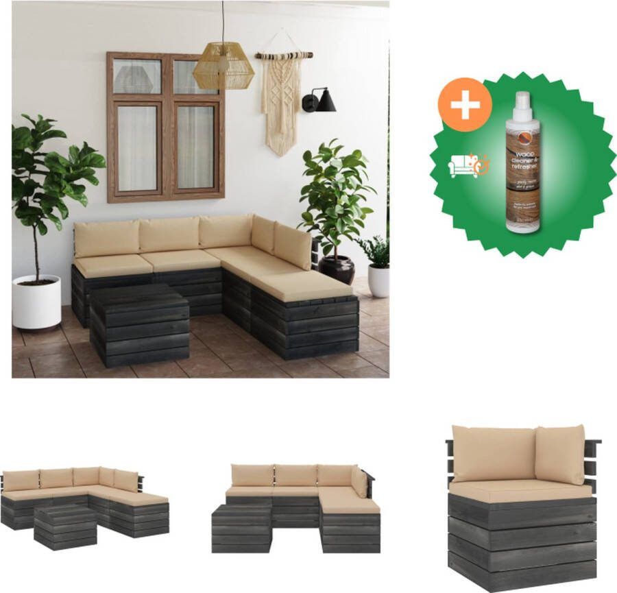 VidaXL Pallet Loungeset Grenenhout Beige Kussens Modulair Set van 3 Middenbank Hoekbank Tafel Hocker 5 Zitkussens 5 Rug Zijkussens Tuinset Inclusief Houtreiniger en verfrisser
