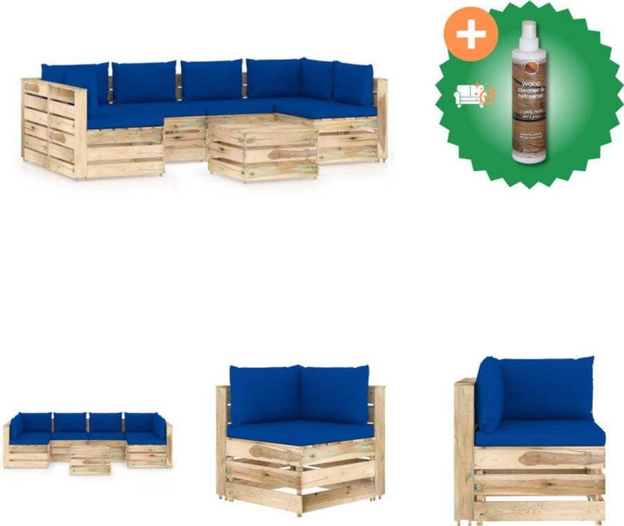 VidaXL Pallet Loungeset Grenenhout Blauwe kussens- Hoekbank 69x70x66cm Middenbank 60x70x66cm Tafel voetenbank 60x62x37cm Tuinset Inclusief Houtreiniger en verfrisser