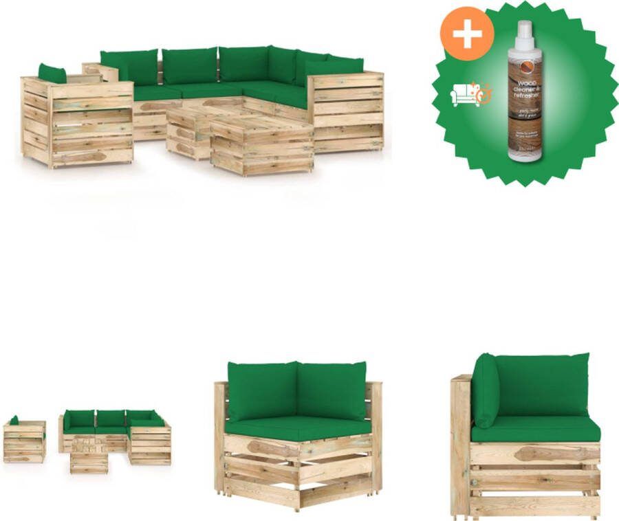 VidaXL Pallet Loungeset Grenenhout Groen 2x middenbank 3x hoekbank 2x tafel voetenbank 1x eenzitsbank 6x zitkussen 9x rug zijkussen Afmetingen 69x70x66 cm Kleur kussen- groen Tuinset Inclusief Houtreiniger en verfrisser