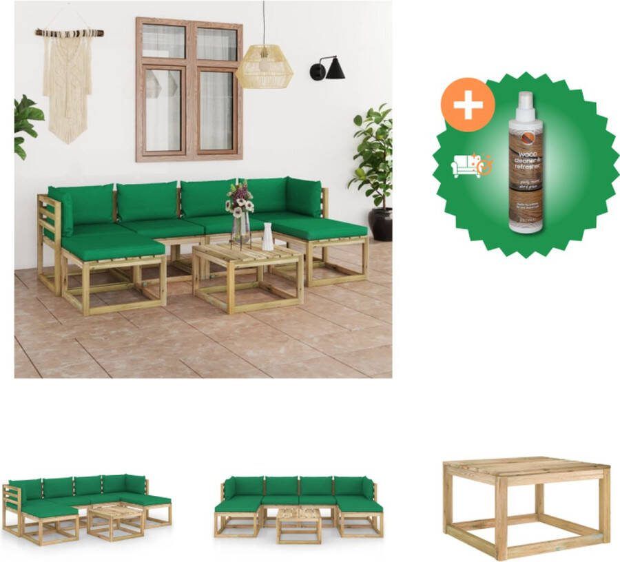 VidaXL Pallet Loungeset Grenenhout Groen Kussen Hoekbank 64x64x70cm Middenbank 60x64x70cm Tafel Voetenbank 60x60x36.5cm Tuinset Inclusief Houtreiniger en verfrisser