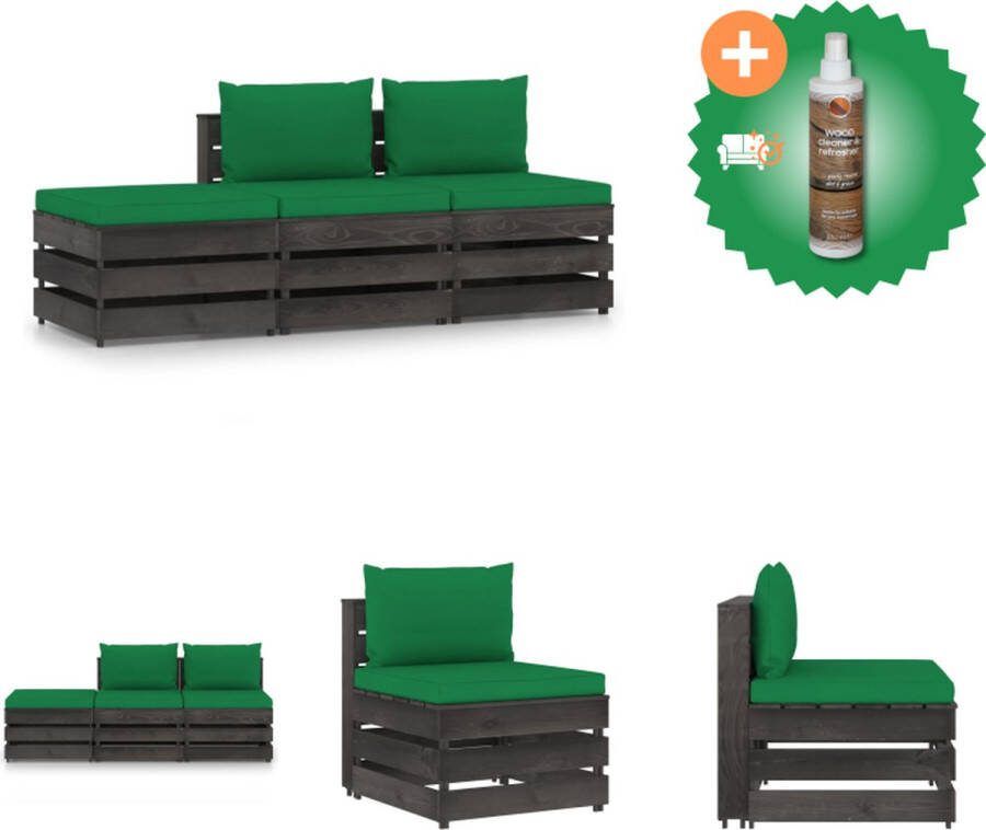VidaXL Pallet Loungeset Grenenhout Groen Kussen Modulair Design 2 Middenbanken 1 Tafel Voetenbank Tuinset Inclusief Houtreiniger en verfrisser