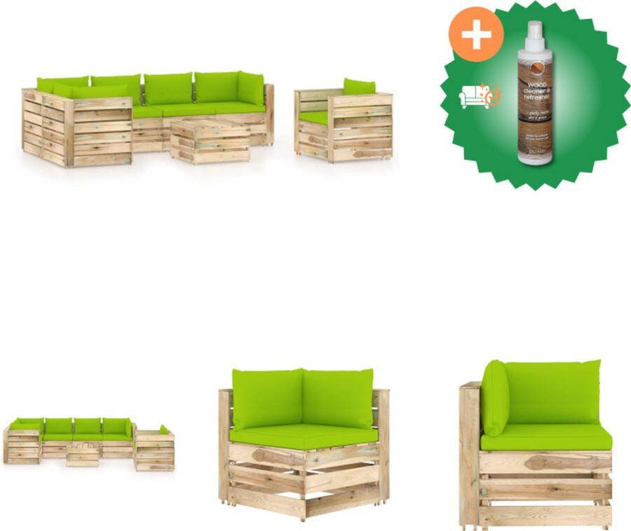 VidaXL Pallet loungeset Grenenhout Helder groen kussen 2x middenbank 3x hoekbank 1x eenzitsbank 1x tafel voetenbank Tuinset Inclusief Houtreiniger en verfrisser