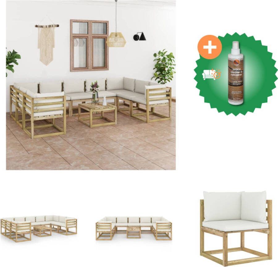 VidaXL Pallet Loungeset Grenenhout Hoekbank (64x64x70 cm) Middenbank (60x64x70 cm) Tafel (60x60x36.5 cm) Crèmewitte kussens Montage vereist Inclusief 9 zitkussens en 13 rug zijkussens Tuinset Inclusief Houtreiniger en verfrisser