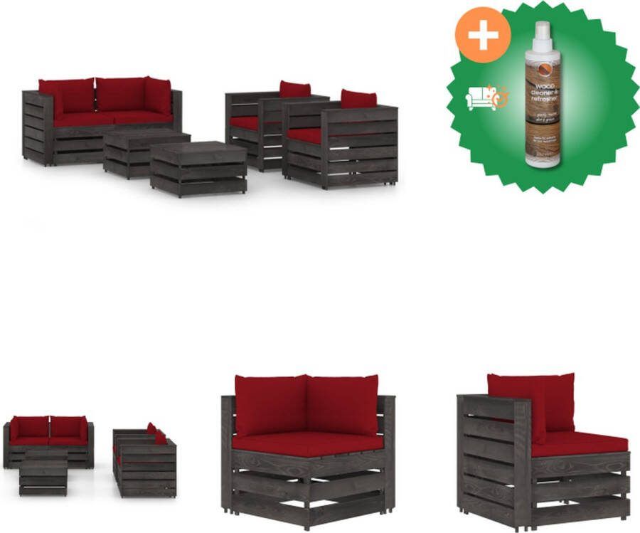 VidaXL Pallet Loungeset Grenenhout Hoekbank (69 x 70 x 66 cm) Tafel Voetenbank (60 x 62 x 37 cm) Eenzitsbank (77 x 70 x 66 cm) Wijnrood Kussen Montage vereist Tuinset Inclusief Houtreiniger en verfrisser