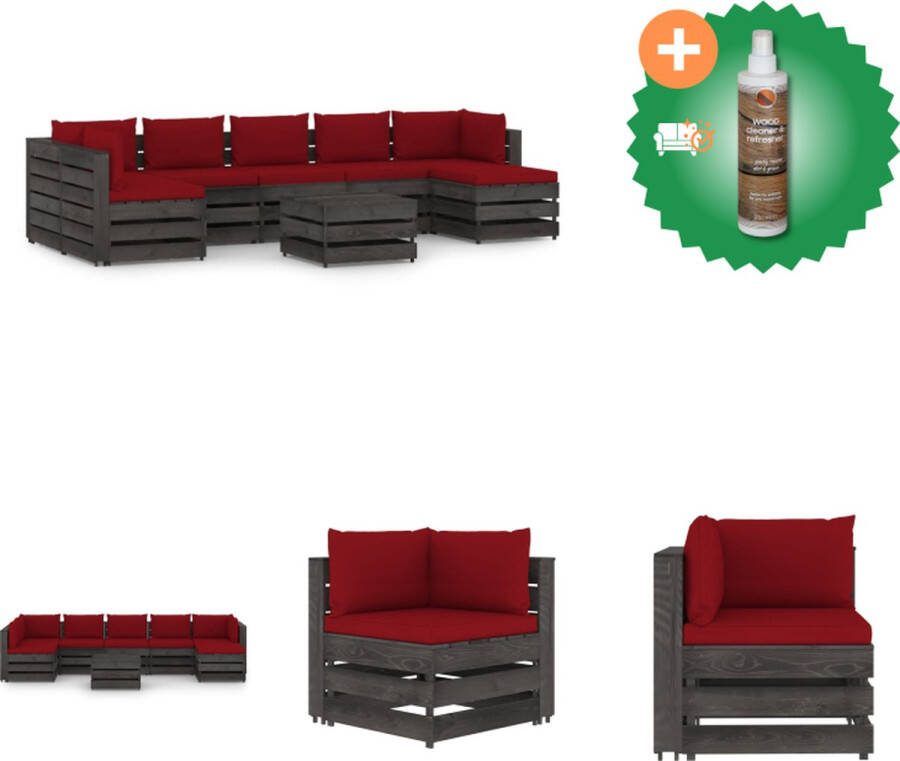 VidaXL Pallet loungeset Grenenhout Hoekbank 69x70x66 cm Middenbank 60x70x66 cm Tafel voetenbank 60x62x37 cm Wijnrode kussen Tuinset Inclusief Houtreiniger en verfrisser