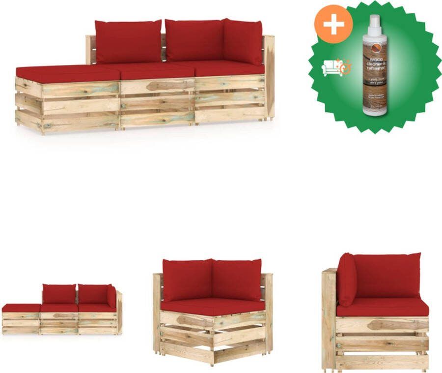VidaXL Pallet Loungeset Grenenhout Hoekbank 69x70x66 cm Middenbank 60x70x66 cm Tafel voetenbank 60x62x37 cm Rood kussen Tuinset Inclusief Houtreiniger en verfrisser