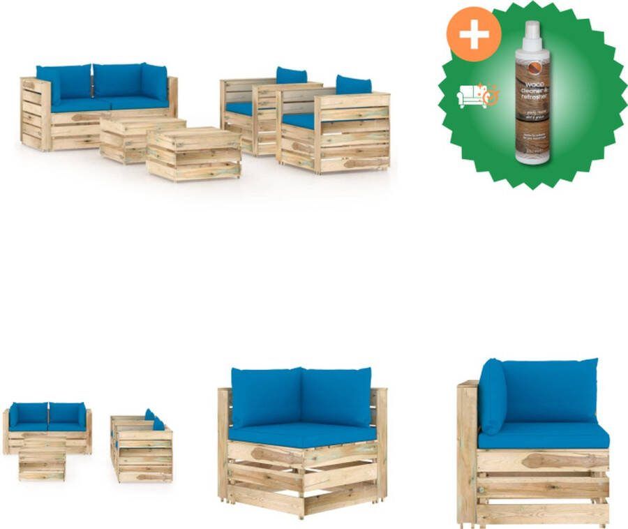 VidaXL Pallet Loungeset Grenenhout Hoekbank 69x70x66 cm Tafel voetenbank 60x62x37 cm Eenzitsbank 77x70x66 cm Lichtblauw kussen Tuinset Inclusief Houtreiniger en verfrisser