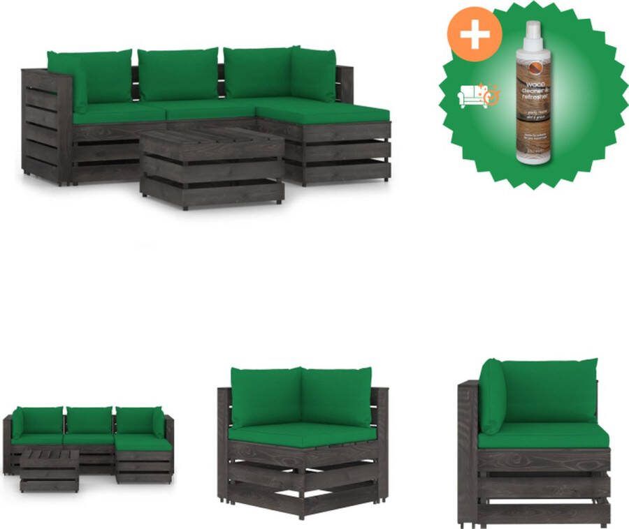 VidaXL Pallet Loungeset Grenenhout Hoekbank 69x70x66 Middenbank 60x70x66 Tafel voetenbank 60x62x37 Groen kussen Tuinset Inclusief Houtreiniger en verfrisser