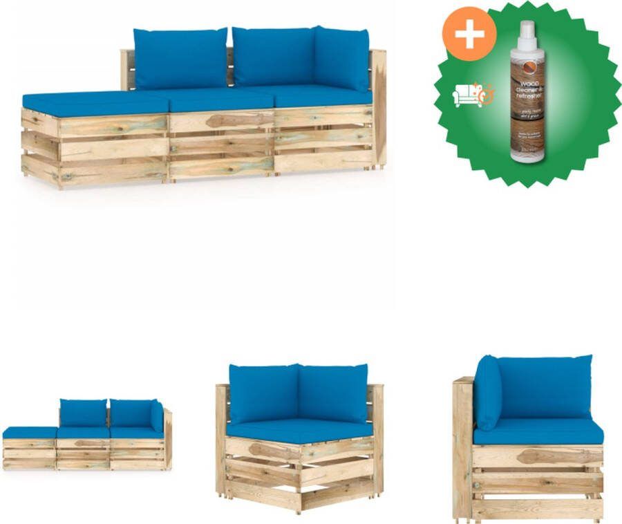 VidaXL Pallet Loungeset Grenenhout Hoekbank 69x70x66cm Middenbank 60x70x66cm Tafel Voetenbank 60x62x37cm Lichtblauw kussen Tuinset Inclusief Houtreiniger en verfrisser