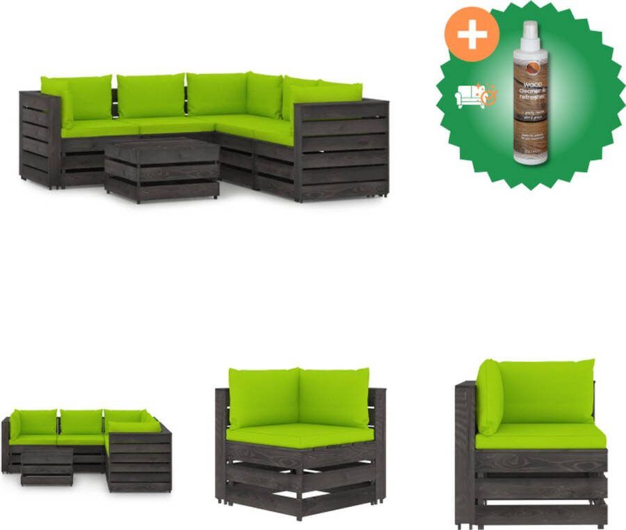 VidaXL Pallet Loungeset Grenenhout Hoekbank 69x70x66cm Middenbank 60x70x66cm Tafel Voetenbank 60x62x37cm Houdgroen kussen Tuinset Inclusief Houtreiniger en verfrisser