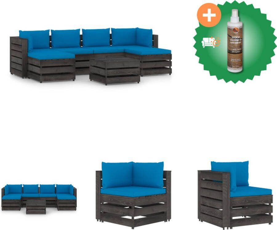 VidaXL Pallet Loungeset Grenenhout Hoekbank en Middenbank Tafel Voetenbank Lichtblauwe Kussens Tuinset Inclusief Houtreiniger en verfrisser