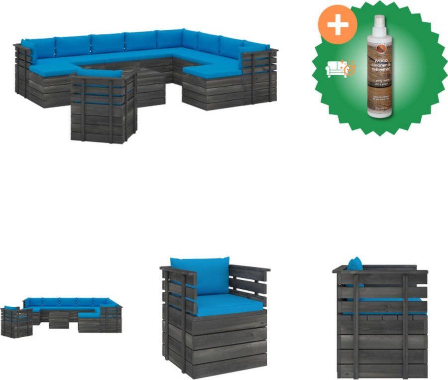VidaXL Pallet loungeset grenenhout modulair design lichtblauw kussen 11 zitkussens 2 rug zijkussens Tuinset Inclusief Houtreiniger en verfrisser