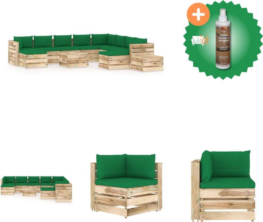 VidaXL Pallet Loungeset Grenenhout Modulair Groen Kussen Hoekbank 69x70x66 Middenbank 60x70x66 Tafel Voetenbank 60x62x37 Tuinset Inclusief Houtreiniger en verfrisser
