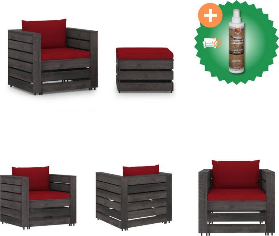 VidaXL Pallet loungeset Grenenhout Wijnrood kussen 60x62x37cm tafel voetenbank 77x70x66cm eenzitsbank Tuinset Inclusief Houtreiniger en verfrisser
