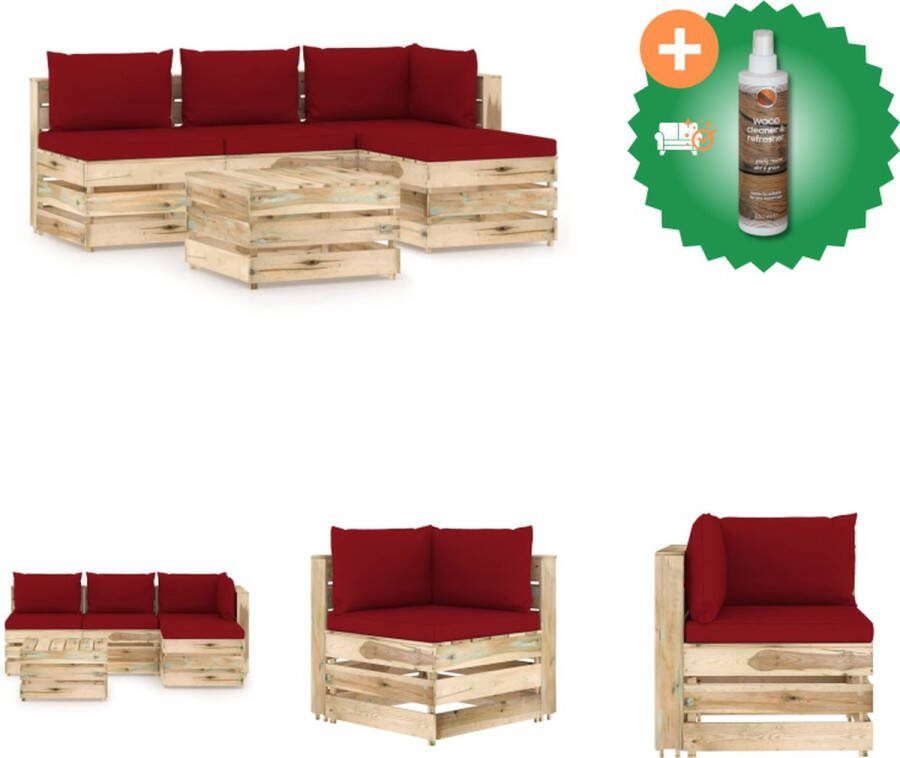 VidaXL Pallet Loungeset Grenenhouten Tuinmeubelen Hoekbank 69x70x66cm Middenbank 60x70x66cm Tafel Voetenbank 60x62x37cm Kussen kleur- Wijnrood Montage vereist Tuinset Inclusief Houtreiniger en verfrisser