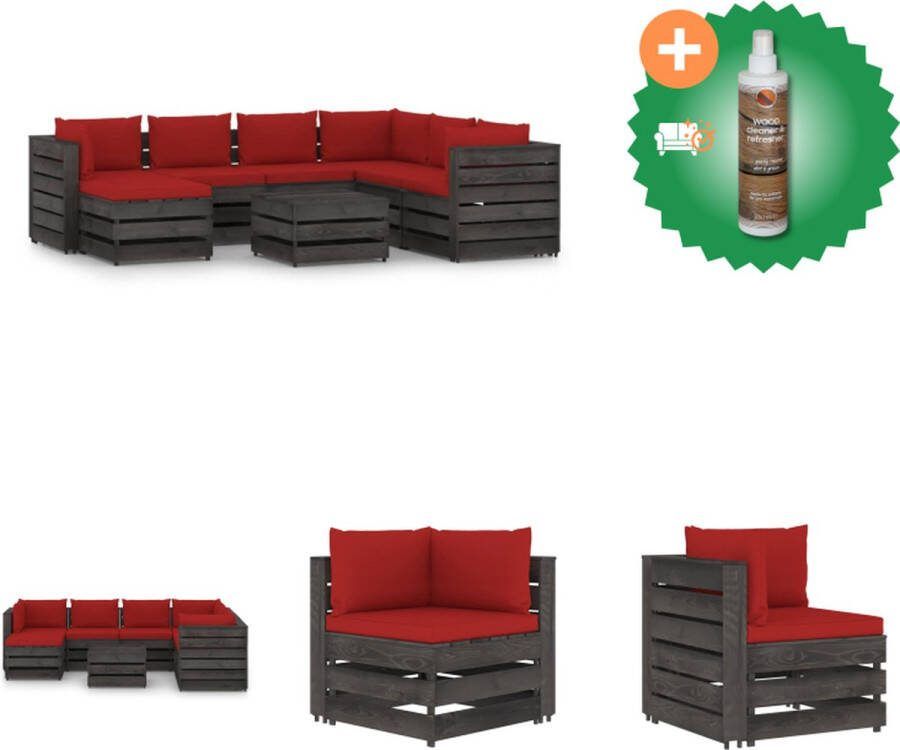 VidaXL Pallet Loungeset Hoekbank 3x Middenbank 3x Tafel Voetenbank 2x Rode Kussens Grenenhout Geïmpregneerd Tuinset Inclusief Houtreiniger en verfrisser