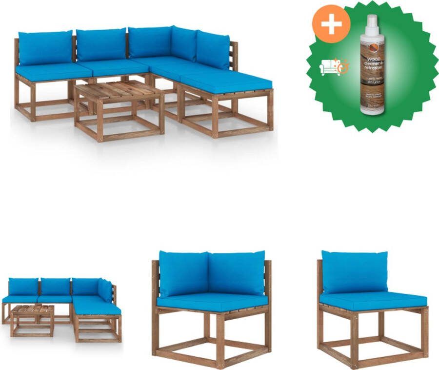 VidaXL Pallet Loungeset Hoekbank 64x64x70 cm Middenbank 60x64x70 cm Tafel Voetenbank 60x60x36.5 cm Lichtblauw Kussen Tuinset Inclusief Houtreiniger en verfrisser