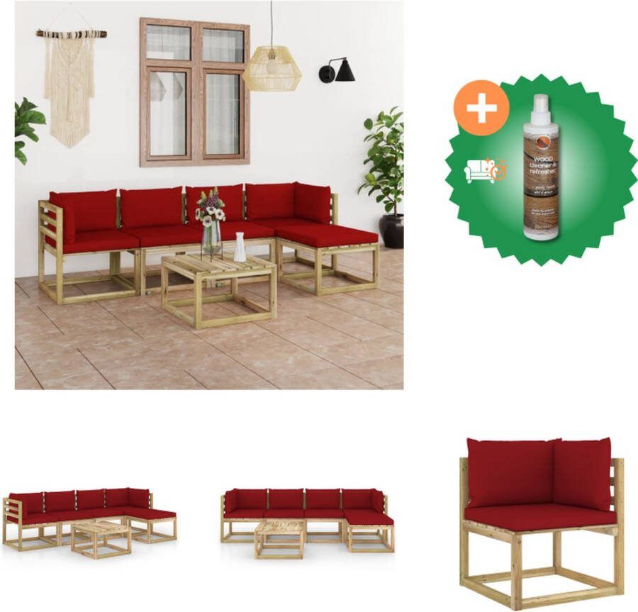 VidaXL Pallet Loungeset Hoekbank 64x64x70cm Middenbank 60x64x70cm Tafel Voetenbank 60x60x36.5cm Wijnrood kussen Grenenhout Montage vereist Tuinset Inclusief Houtreiniger en verfrisser